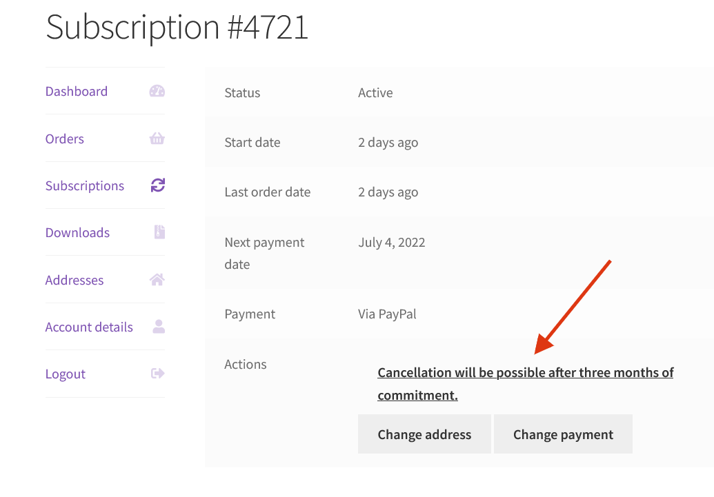 WooCommerce Subscriptions Custom Cancellation Rules Frontend Single Subscription